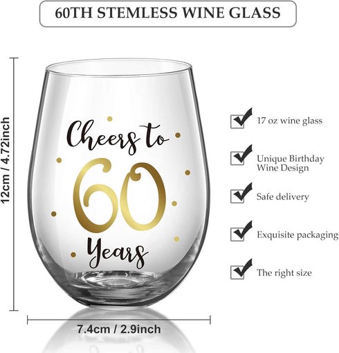 Gold Birthday Stemless Wine Glass - 17 oz Present for Men Women Party Wedding Anniversary Decorations (Cheers to 60