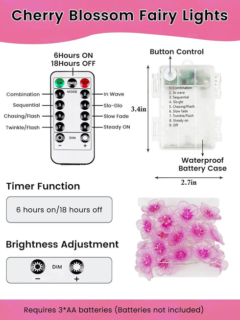 8 10ft 30 Cherry Blossom Flower String Lights for Bedroom, Pink Fairy Lights Battery Operated with Remote & Modes
