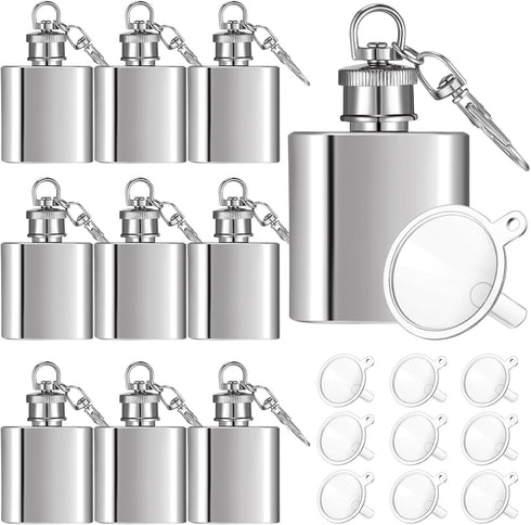 10 Pcs Mini Keychain Flask, 1oz Stainless Steel Hidden Flask for Men Women Groomsmen Gifts with Funnels