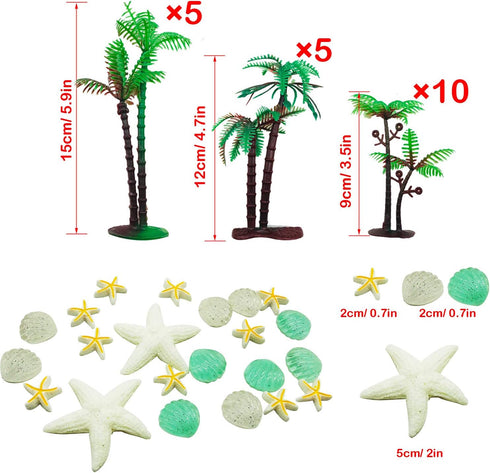 Allazone 42 PCS Coconut Palm Tree Set, 20 PCS Mini Plastic Palm Trees, 22 PCS Shell and Starfish for Cake Decorations