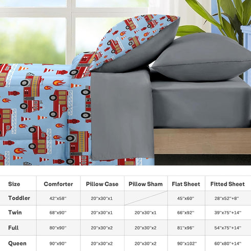 5 Set Nesker Pcs Comforter Twin Size, Red Fire Engine Bedding for Kids Teen, Fire-Fighting Trucks Vehicle Bed Sheet