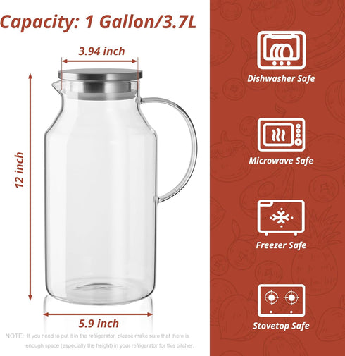 CMLKLZD 1 Gallon Glass Pitcher with Lid and Handle, Glass Water Carafe for Hot/Cold Water, Large Jug for Iced Tea