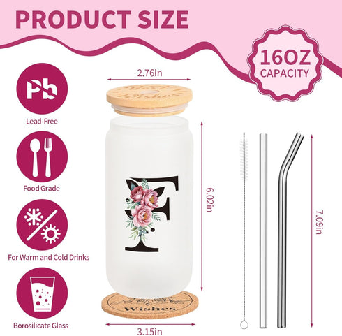 16oz Monogrammed Set, Personalized Initial Glass Cup for Women, Glass Cup with Lids and Straws, Gift Frosted Reusable