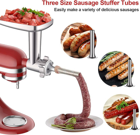 Metal Meat Grinder Attachment for KitchenAid Mixers, Includes 4 Grinding Plates, 3 Sausage Tubes