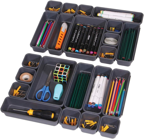 Set of 22 Interlocking Desk Drawer Organizer Tray Dividers for Kitchen, Bathroom, and Office Storage
