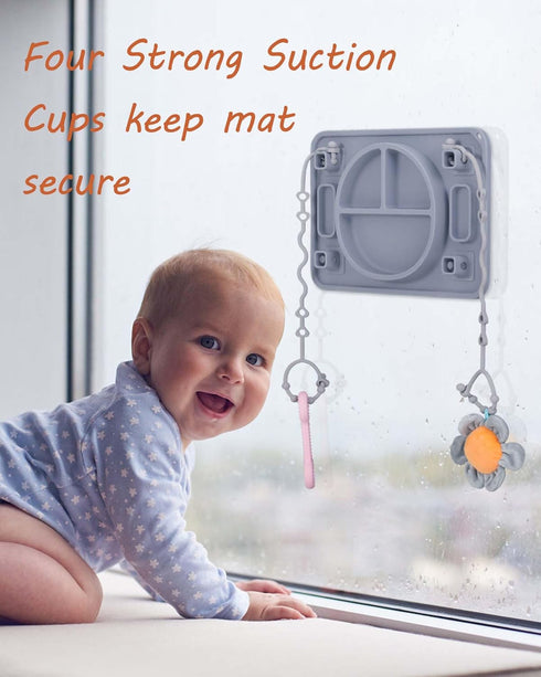 starturflyu 4 Strong Suction Baby Placemat, Silicone Toddler Plate with Toy Straps & Anti-Peel Design, Dishwasher Safe