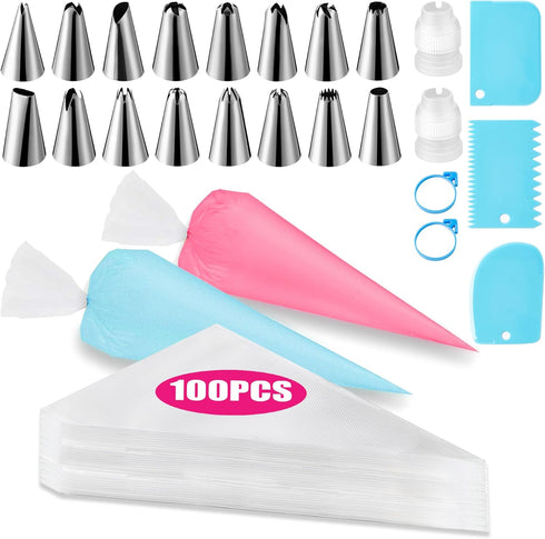 Piping Bags and Tips Set - Cakes Decorating Supplies Kit with 100pcs 12 Inch Pastry Bags, 16 Tips, 3 Cake Scrapers, 2