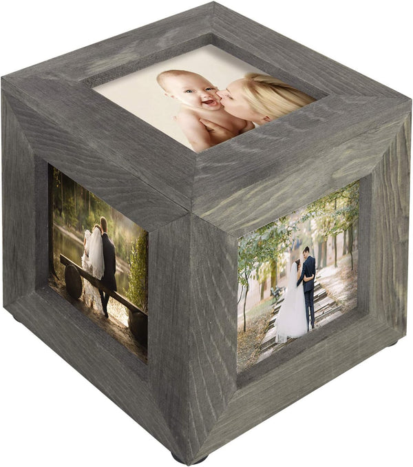 MyGift 5 Inch Vintage Gray Solid Wood Mini Photo Cube, Decorative Keepsake Gift Box