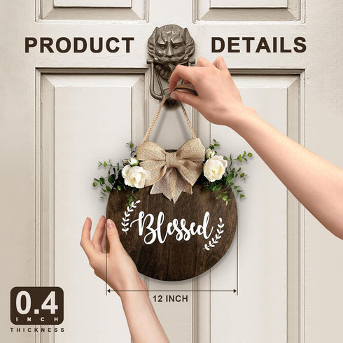 Blessed Farmhouse Welcome Sign, Round Wood Hanging Door Decor with Ribbon Bow and Artificial Greenery for Front Porch