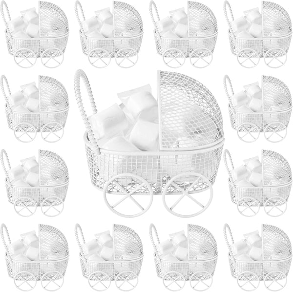 Threehoney 24 Pcs Baby Shower Mini Carriage Decoration White Goose Color Metal Wired