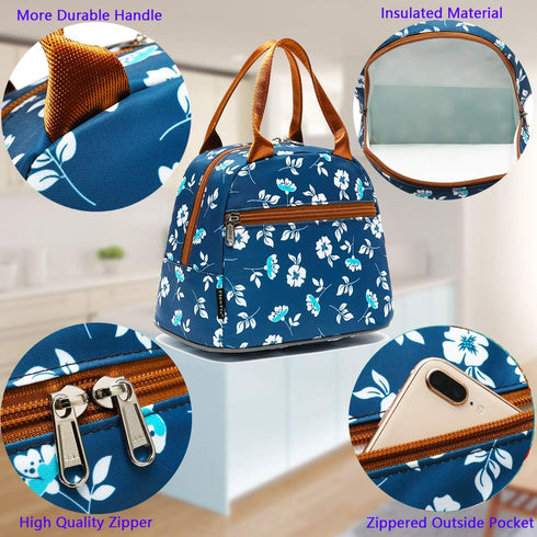 FlowFly Insulated Lunch Cooler Bag - Floral Tote Bag Organizer for Women/Men, White