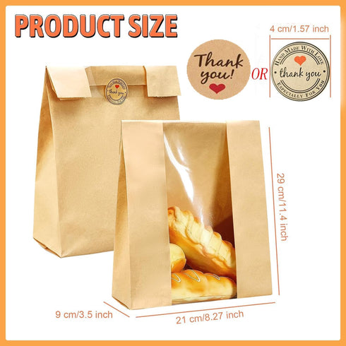 QPEY 50 Pack Bags,50% Packaging Stickers(13.7x8.2x3.7 inch) Larger Kraft Sourdough Bread Thicker Bread Bags
