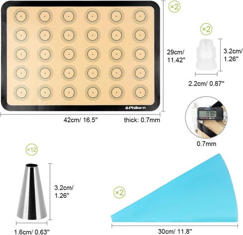 PHILORN Silicone Baking Mat Set, 16.5" x 11.42" Macaron Baking Mat, Non-Stick Baking Mat with Baking Tools, 2 Pack Food Safe Baking Silicone Mat, Reusable Baking Mat for Oven, Cookie, Bread by PHILORN