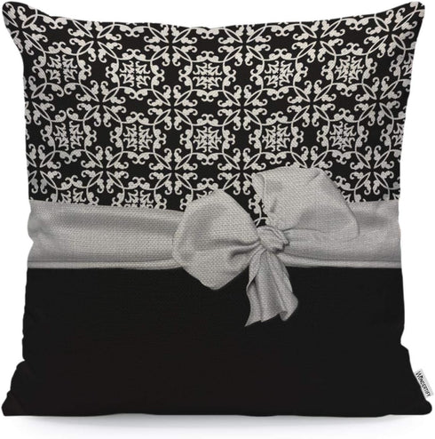 WONDERTIFY Stylish Black and White Euro Flower Pattern Throw Pillow Case Cover, Soft Linen 18x18 Inch for Decorative