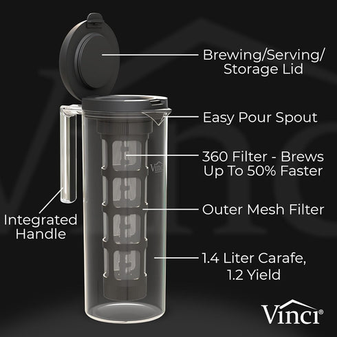 VINCI Cold Brew 360, 1.4L Cold Brew Coffee Maker with Patented Dual Filter 360 Brewing Technology, Iced Coffee Pitcher