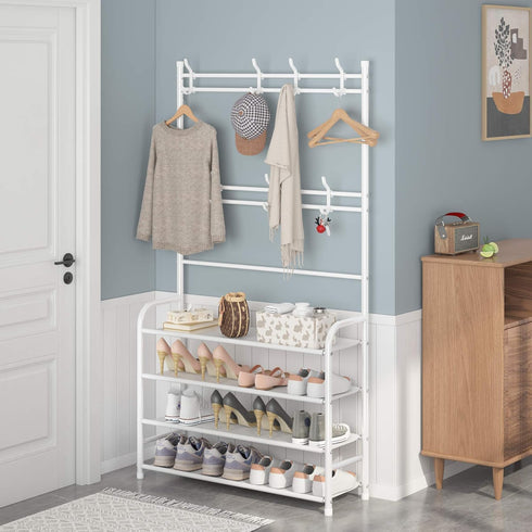 Rack,3-in-1 4-Tier 8 Hooks,16-20 UDEAR Entryway Coat and Shoe Hall Tree Multifunctional Storage Shelf with Shoe Bench