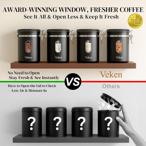 2.2lbs 39oz,Black Veken Large Coffee Canister with Window, Kitchen Food Storage Airtight Stainless Steel Container