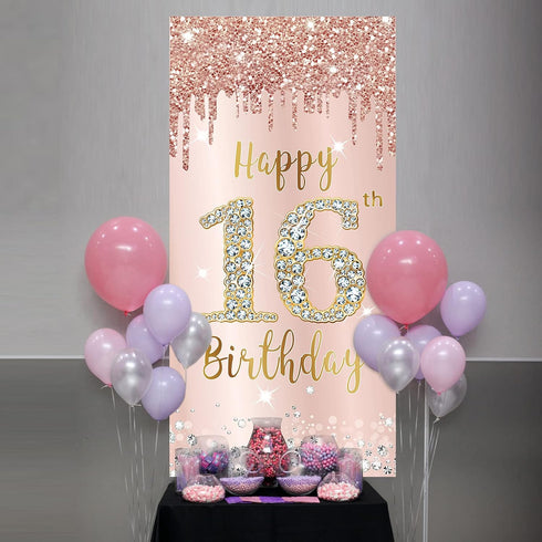 16th Birthday Door Banner Decorations for Girls, Pink Rose Gold Sweet 16 Birthday Cover Backdrop Party Supplies