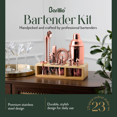 Barillio Rose Gold Bartender Kit, Stainless-Steel Cocktail Shaker Set with Bamboo Stand, 23-Pc Bar Tools