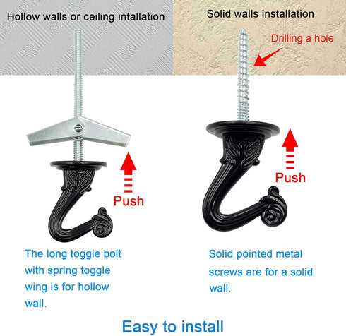 Hxchen 38mm/1.5" Heavy Duty Ceiling Hooks - Swag Hook with Steel Screws for Hanging Plants, Black (2 Sets)