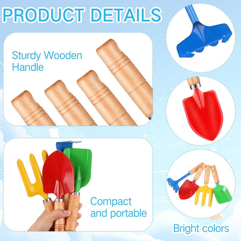 Motionchic 8" Gardening(12 Kids Gardening Tools, Metal Beach Sandbox Digging Toys with Wooden Handle, Including Shovel