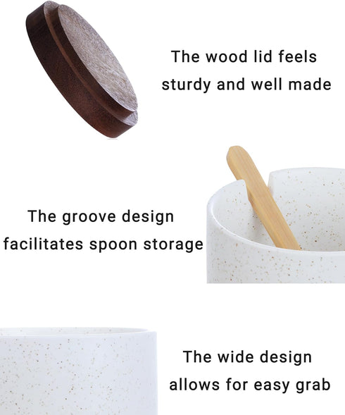 Omifun 8 Oz Ceramic Salt Cellar with Lid and Wooden Spoon, Speckled Salt Holder, Storage Canister for Sea Salt, Pepper