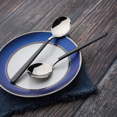 4-Piece Stainless Steel Dinner Spoons, 8 inches Comfort Long Handle, Mirror Polished Flatware, Dishwasher Safe (Black)