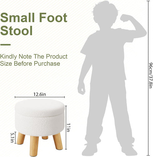 WBKATN Small Ottoman Footrest, White Boucle Foot Stool, Round Pouf Ottoman with Storage, Teddy Velvet Foot Rest