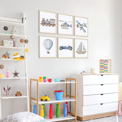 Set 6, 8x10 inch Nursery Car Wall Art of Baby Boys Poster Canvas Prints, Blue Kids Car Train Plane Boat Hot Air Balloon