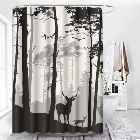 Decorative Shower Curtain, Silhouette of Pine Forest Family Deer and Birds, Brown 72"x78" Waterproof Bathroom Set with