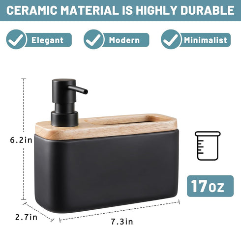 17oz RQYIXI Black Soap Dispenser with Sponge Holder Ceramic Hand and Dish Soap Dispenser for Kitchen Bathroom