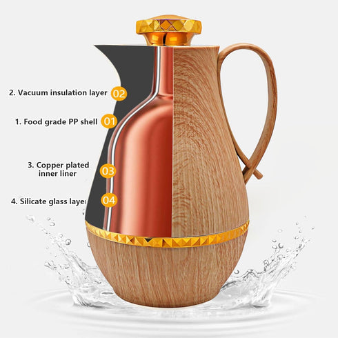 Insulated Thermal Coffee Carafe, 33 oz, Arabic-Style Thermos Flask, Coffee Tea Pot for Hot Cold Water, Wood Color