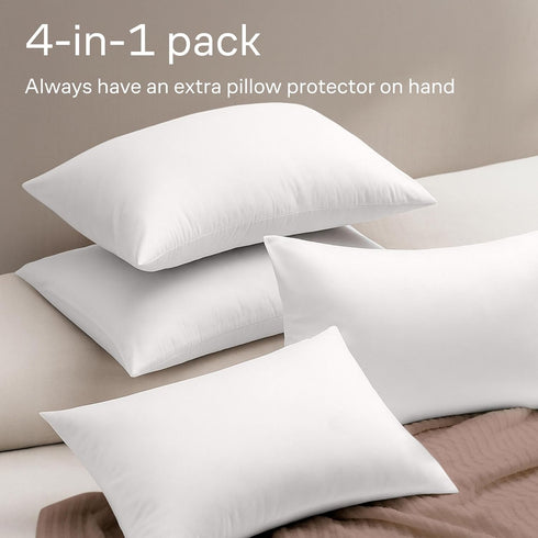 Ultra Soft Pillow Protectors, Set of 4, Standard Size, 100% Protection Against Stains, Dust & Dirt, Machine Washable