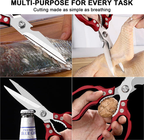 CGBE Kitchen Scissors, Multi-Purpose Kitchen Shears, Heavy Duty Dishwasher Safe Food Scissors, Non Slip Stainless Steel Sharp Cooking Scissors for Kitchen, Chicken, Poultry, Fish, Meat, Herbs (Red) by CGBE