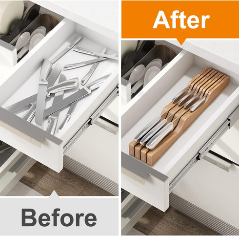 In-Drawer Knife Block Organizer, Bamboo Wood Drawer Knife Organizer Holds Up To 7 Knives