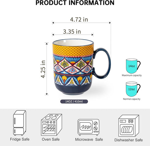 Set 6 14 oz HENXFEN LEAD Boho Ceramic Coffee Mugs of Porcelain Cups for Latte, Cappuccino, Tea & Cocoa Microwave