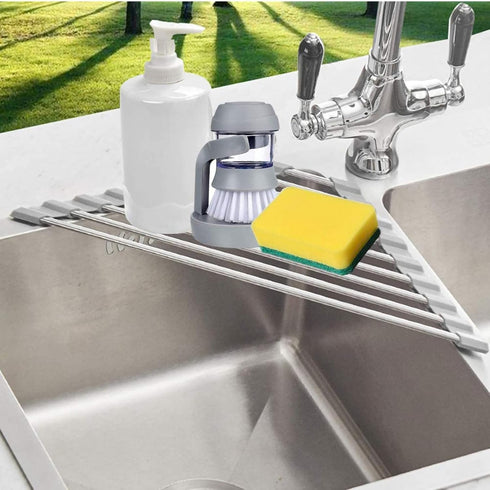 Triangle Dish Drying Rack - Roll Up Folding Stainless Steel Over The Sink Dish Drainer Mat for Kitchen (Grey)