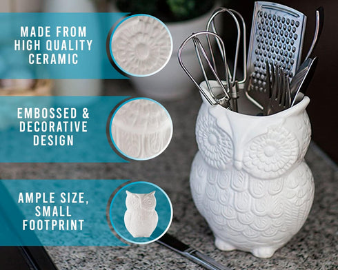 Comfify Owl Utensil Holder, Decorative Ceramic Cookware Crock & Organizer in White - Perfect Kitchen Décor Gift