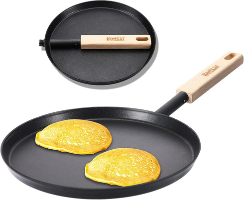 8-Inch Frying Pan Skillet, Lightweight Flat Crepe Pan with Wooden Handle for Indoor Outdoor Cooking