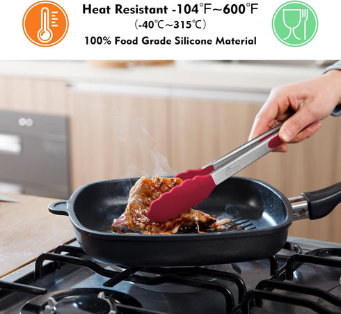 Hotec Premium Stainless Steel Locking Kitchen Tongs with Silicone Tips, Set of 3 - 7", 9", and 12"