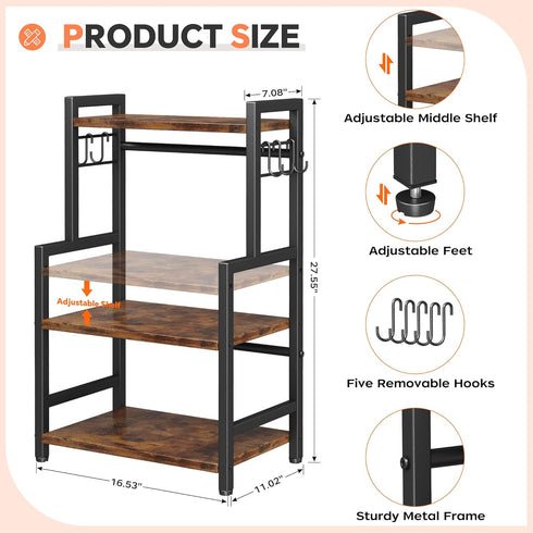 Kitchen Countertop Organizer, 3 Tier Large Spice Rack with Adjustable Shelf and 5 Hooks, Wooden Counter Organizer