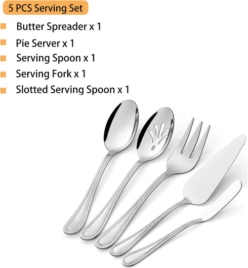 Serving Utensils, HaWare Stainless Steel Silverware Serving Set 5 Pieces, Pearled Edge Hostess Serving Set for Buffet Party Kitchen Restaurant, Mirror Finished & Dishwasher Safe by HaWare