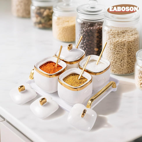EABOSON 4 Pack Set Gold Condiment Spice Jars with Lids, Spoons, Tray - Ceramic Seasoning Box for Salt, Pepper, Sugar