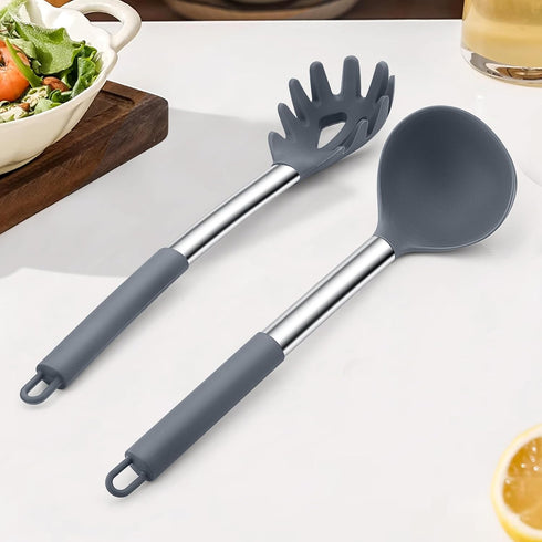 TeamFar Silicone Kitchen Utensils, 2 Pcs Large Nonstick Soup Ladle and Pasta Fork for Cooking, Mixing, Serving, Light