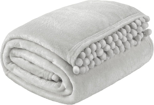 PAVILIA Light Grey Fleece Throw Blanket for Couch, 60x80 Inches, Soft Cozy Fuzzy Flannel Blanket with Pom Pom Fringe