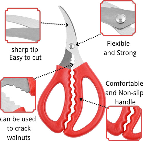 Set 8 of Red Seafood Scissors - Stainless Steel Crab & Lobster Crackers