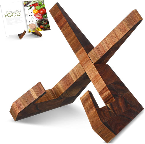 Cookbook Stand for Kitchen, Wooden Recipe Book Holder for Counter, Rustic Acacia Brown Stand