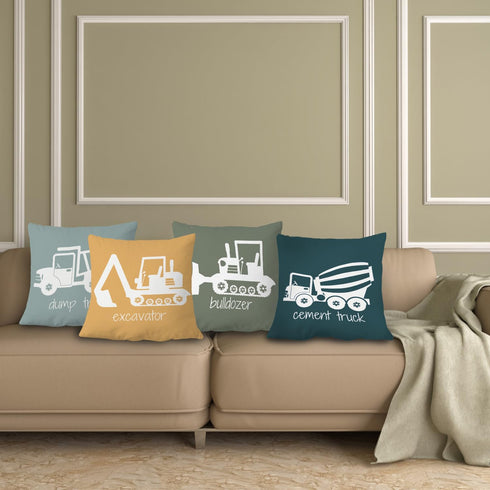 18x18 Set 4 Construction Truck Decor for Toddler Boys Room - Bedroom Playroom Nursery, Truck Pillow Covers