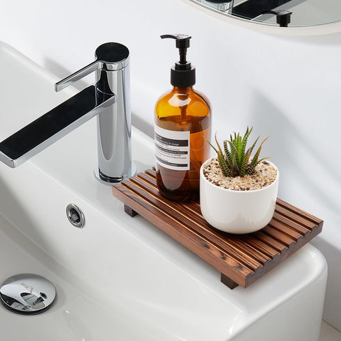 Farmhouse Wooden Bathroom Counter Organizer, Small Kitchen Countertop Trays, Decorative Wood Riser for Dish Soap