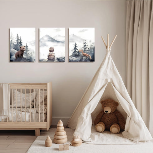 Cyebmo Set 3, 12"x16"x3 Framed Woodland Boy Nursery Wall Art of Whimsical Boy Adventure Wall Decor, Mountain Forest